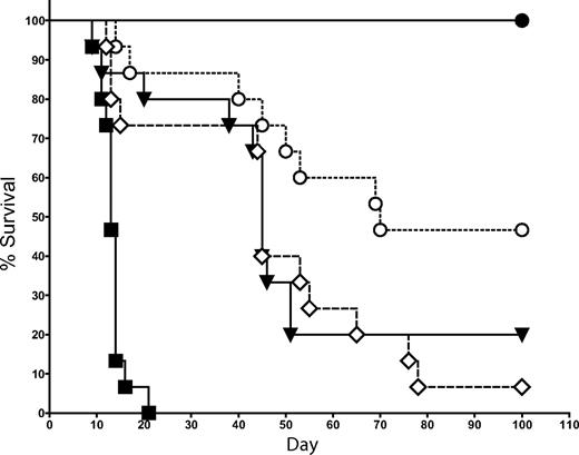Figure 5. Protection against GVHD depends on IL-4 production by NKT cells. 1.0 × 104 NKT cells (DX5+TCRβ+CD4+) were sorted from C57BL6 donors (H-2b) and transferred into BALB/c mice (H-2d) that had received T cell–depleted bone marrow and 5.0 × 105 Tcons (to induce GVHD). The source of NKT cells was either WT or IL-4−/− KO mice. Data indicated that the transfer of 1.0 × 104 WT NKT cells resulted in significantly improved survival over the transfer of 1.0 × 104 IL-4−/− KO NKT cells (P = .02). Groups: irradiation control (no BMT; ■); TCD-BM only (●); 5 × 105 Tcons (▾); Tcons + 1 × 104 WT NKT (○); and Tcons + 1 × 104 IL-4−/− NKT (◇). Data in graph are pooled from 3 independent transplants (n = 15).