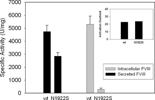 Figure 4. Functional characterization of secreted and intracellular wt-fVIII and N1922S-fVIII. BHK-M cells expressing wt-fVIII or N1922S-fVIII were switched to serum-free medium for 24 hours, followed by removal of the medium and extraction of intracellular fVIII from cell lysate, as described in “Heterologous expression of fVIII.” Specific activity of fVIII secreted into the medium or intracellular fVIII was determined as the ratio of fVIII activity measured by one-stage coagulation assay to fVIII antigenic mass measured by ELISA. The inset shows the activation quotients of wt-fVIII and N1922S-fVIII in the medium.