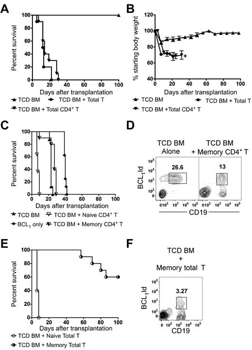 Figure 1. Survival of BALB/c hosts transplanted with donor C57BL/6 TCD BM cells with or without total T cells or T-cell subsets. (A) Lethally irradiated (800 cGy) hosts were given 2 × 106 TCD BM cells from donors with or without (n = 12) 0.5 × 106 sorted donor total T cells (n = 10) or total CD4+ T cells (n = 10) from the spleen. The data were pooled from 2 independent experiments. (B) Serial measurements of body weights were determined in mice from panel A. +Weight measurements were stopped when no more than 2 mice remained in the group. (C,E) The hosts received 500 BCL1 lymphoma cells 6 hours after irradiation. Lethally irradiated hosts were given 2 × 106 TCD BM cells with or without (n = 8) 0.5 × 106 sorted CD62LhiCD44lo naive (n = 10) or CD44hi memory phenotype CD4+ or total T cells (n = 10). Control untreated hosts were also given tumor cells (n = 8). The data were pooled from 2 independent experiments. (D,F) Representative 2-color flow cytometric analyses of CD19 versus BCL1-idiotype markers in the peripheral blood from recipients with progressive tumor growth in panels C and E, respectively, are shown 28 days after transplantation of TCD BM alone or with memory CD4+ T cells or memory total T cells, respectively.