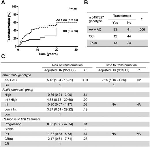 Figure 1. SNP rs6457327 predicts time to and risk of transformation of FL. (A) Kaplan-Meier plots of the percentage of FL cases with transformation against time from diagnosis for rs6457327 genotypes. Genotype groups with respective number of cases and the log-rank test statistic P value are indicated on the right. (B) Number of cases that transformed for each rs6457327 genotype group. The χ2 P value is indicated. (C) Final adjusted models for risk of transformation and time to transformation. These were generated following multivariate analysis incorporating potential confounders using logistic regression for risk of transformation and Cox regression for time to transformation. No cases with stable disease as response to first treatment transformed, so no data are available. CI indicates confidence interval; HR, hazard ratio; Int, intermediate; PR, partial response; CR(u), complete response unconfirmed; CR, complete response; and NA, not applicable.