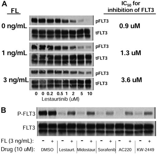 Figure 2. FL impairs inhibition of FLT3 autophosphorylation in vitro. (A) Molm14 cells were exposed to increasing concentrations of lestaurtinib in the presence of 0, 1, and 3 ng/mL of FL in plasma for 2 hours. FLT3 autophosphorylation was then evaluated by immunoblotting (gels, left) by immunoprecipitating FLT3, and then, after electrophoresis and transfer to membrane, probing with antiphosphotyrosine. The bands were analyzed by densitometry and plotted (graph, right). (B) Molm14 cells were incubated in plasma with 10μM of the indicated drug and 0 ng/mL (−) or 3 ng/mL (+) of FL for 2 hours. FLT3 autophosphorylation was then evaluated by immunoblotting.