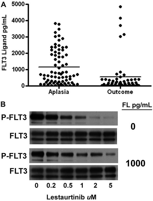 Figure 5. FLT3 ligand levels. (A) FL levels were determined with an enzyme-linked immunosorbent assay using plasma samples obtained at the aplasia and outcome assessments. The individual results are plotted, with solid lines indicating the mean level for each group. (B) The effect of FL on the FLT3 inhibitory activity of lestaurtinib. TF/ITD cells, expressing ITD-mutated FLT3, were incubated in plasma containing increasing concentrations of lestaurtinib in the presence or absence of 1000 pg/mL FL. After immunoprecipitation for FLT3 and electrophoresis, the blots were probed with antiphosphotyrosine (top blot), and then stripped and reprobed for total FLT3 (bottom blot).