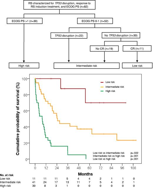 Figure 2. Classification of RS into risk-of-death categories and Kaplan-Meier estimates of RS survival according to those categories. The high-risk group includes patients presenting with a poor ECOG PS > 1, irrespective of TP53 status and type of response to RS induction treatment (Events/N, 28/30; median survival, 7.8 months; 95% CI, 2.5-13.1 months). The intermediate-risk group includes patients presenting with a good ECOG PS ≤ 1 but harboring TP53 disruption or not achieving CR after RS induction treatment despite being wild type on TP53 (Events/N, 23/41; median survival, 24.6 months; 95% CI, 15.8-33.4 months). The low-risk group includes patients who presented with a good ECOG PS ≤ 1, had no TP53 disruption, and achieved CR after RS induction treatment (Events/N, 2/11; median survival, not reached; 5-year survival, 70%; 95% CI, 34.4%-100%).