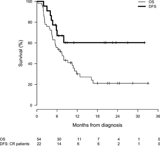 Figure 1. OS for all 55 patients treated with hybrid FLAM (solid line) and DFS (bold line) for the 22 CR patients.
