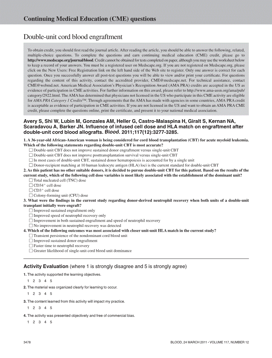 First page of Continuing Medical Education (CME) questions: double-unit cord blood engraftment