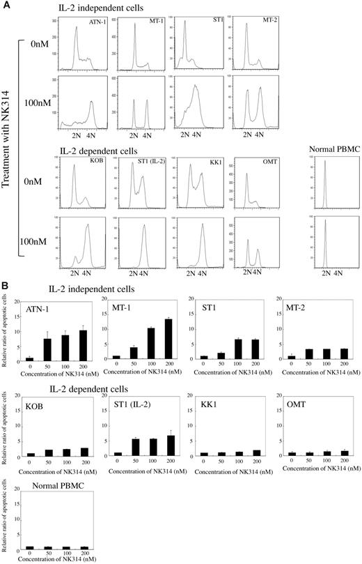 Figure 2. Effect of NK314 on cell cycle and apoptosis in ATL cell lines. (A) Cell-cycle analysis using flow cytometry after NK314 treatment of ATL cells. ATL cells were treated with the indicated concentrations of NK314 and then fixed and stained with propidium iodide 24 hours after treatment. Cellular DNA content and cell cycle profiles were determined with CellQuest software Version 3.1 (BD Biosciences). (B) Annexin V and propidium iodide analysis of ATL cells treated with NK314. Cells treated with NK-314 for 24 hours were simultaneously stained with annexin V and propidium iodide according to the manufacturer's instructions. Stained cells were conducted to a fluorescence-activated cell sorter analysis to determine the number of apoptotic cells. The ratio of apoptotic cells was calculated as number of apoptotic cells treated with NK314 of the indicated concentrations divided by the number of untreated cells and expressed as mean ± SD of triplicate analyses.