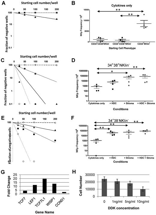 Figure 3. Stroma and HDC induce NK differentiation in the CD34+ HPC subset that could not differentiate into NK cells with cytokines alone. (A) Semi-log plot showing the fraction of negative wells (wells containing no NK precursors) as a function of input cells per well. Three subsets of CD34+ cells were tested in limiting dilution culture with only cytokines (IL-15, IL-7, SCF, FLT-3L, and IL-3): CD34+CD38−NKlin− (□, dashed line), CD34+CD38+NKlin− (◇, dotted line), and CD34+NKlin+ (▴, solid line). No positive wells were observed for NKlin− subsets cultured with cytokines alone, and the plot therefore shows a flat slope for these conditions. In contrast, CD34+NKlin+ subset showed a measurable fraction of positive wells in culture with cytokines alone, thus creating a steeper slope of the regression line. A representative donor (n = 4) is shown. (B) Calculated NKp frequencies for the 3 CD34+ HPC subsets cultured with the above-mentioned cytokines (n = 4 donors), expressed as number of NKp/106 cells. (C) Semi-log plot of the fraction of negative wells as a function of input cells per well for the CD34+CD38+NKlin− fraction cultured with cytokines alone (◇, long-dashed line), cytokines and HDC (■, gray line), cytokines and stroma (▴, black line), and cytokines and HDC and stroma (○, short-dashed line). A representative donor (n = 4) is shown. (D) Calculated NKp/106 cells for CD34+CD38+NKlin− fraction cultured in different conditions (n = 4 donors tested). (E) Semi-log plot of the fraction of negative wells as a function of input cells per well for the CD34+CD38−NKlin− fraction cultured with cytokines alone (◇, long-dashed line), with cytokines and HDC (■, gray line), with cytokines and stroma (▴, black line), and with cytokines and HDC and stroma (○, short-dashed line). A representative donor (n = 4) is shown. (F) NKp frequency per 106 cells in the CD34+CD38−NKlin− population cultured in different conditions; n = 4 donors tested. Groups showing significant differences are indicated by asterisks (***P < .001, **P = .001-.01, and *P = .01-.05), 1-way analysis of variance on log-transformed values with Bonferroni posttest. (G) Fold change in mRNA levels coding for T-cell factor/lymphoid enhancer factor (TCF/LEF) transcription factors and their downstream targets (WISP and CyclinD1) induced in NKlin−CD34+ HPCs after 14 days of culture of with (1) cytokines, stromal cells, and HDC versus (2) cytokines only. (H) Effect of Dickkopf-1 (DKK-1) on the generation of NK cells from CD34+ HPCs in the culture with cytokines, stroma, and HDC. Shown are the average number of CD56+ cells/well after 21 days of culture ± SEM. The difference between no addition of DKK-1 and addition at 10 ng/mL is statistically significant (P = .012). Results are the mean of 6 wells for each condition and are representative of independent 2 donors.