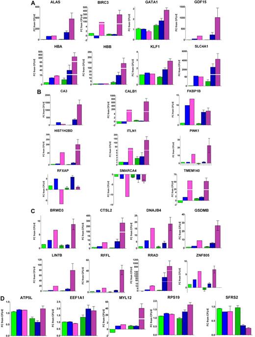 Figure 3. Quantitative PCR confirmation of transcript fold changes from microarray expression profiling. Transcripts were selected for quantitative PCR based on the availability of an efficient intron-spanning quantitative PCR assay. For each gene, the fold change is given between CFU-E and Pro-E (C-P, green bars), Int-E (C-I, blue bars), and Late-E (C-L, pink bars). Solid bars on the left-hand side of each graph represent microarray data; and hatched bars on the right, quantitative PCR data in triplicate from at least 3 biologic replicates of individual samples, including some additional samples not included in the pools on the Affymetrix arrays. (A) Previously described erythroid genes. (B) Differentially regulated transcripts from DE_Sig. (C) Differentially regulated transcripts identified by matched filter analysis (MFUp). (D) Transcripts that are continuously expressed at a high level throughout maturation (CHE).