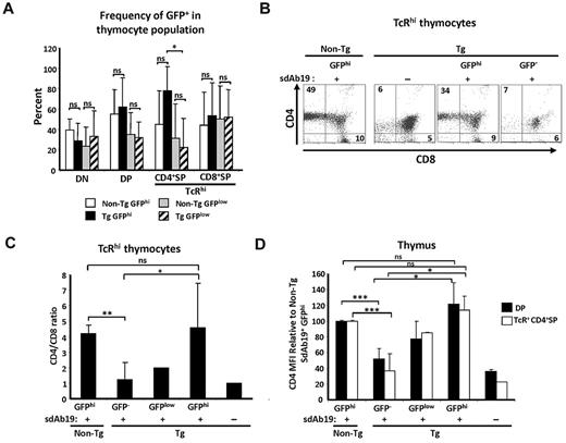 Figure 6. sdAb19 rescues Nef-mediated thymic CD4 maturation block in vivo. Fetal liver cells from CD4C/HIVNef Tg and non-Tg 14.5-day-old embryos were infected in vitro with retrovirus coding sdAb19-IRES-GFP or were uninfected and were injected into syngenic lethally irradiated hosts. Thymuses from host animals were analyzed 1-5 months after reconstitution. (A) Percentage of GFPhi and GFPlow cells measured by flow cytometry within designated thymocyte subsets. Gating of GFP−, GFPhi, and GFPlow cells was based on distribution of cell populations with distinct GFP intensities as well as levels of CD4 in Tg sdAb19+ chimeras (supplemental Figure 6A). (B-C) Thymocytes were labeled with antibodies against TCR, CD4, and CD8, and percentages of SP thymocytes as well as average CD4+SP to CD8+SP ratios among TcRhi thymocytes were determined by flow cytometry. (D) Average CD4 MFI on thymocytes was compared with average CD4 MFI found on thymocytes in non-Tg chimeras. CD4 MFI in Tg GFP− cells was determined on CD4low cells. Data represent ≥ 2 distinct experiments with a total of 3-8 mice per group. Statistical analysis was performed with the Student t test (*P < .5, **P < .01, and ***P < .001; ns indicates not significant). Error bars represent 1 SD from the mean.