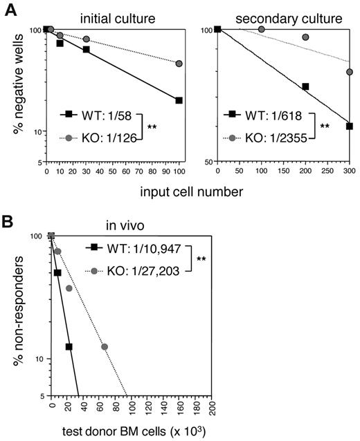 Figure 6. Quantitative analysis of long-term HSC defects in E47-deficient mice. (A) Long-term culture-initiating cell assay was performed with double-sorted flk2− LSKs from WT and E47 KO littermates to determine the frequency of long-term colony-forming cells. Plotted is the percentage of wells that did not give rise to colonies after a single plating (left panel) or serial replating (right panel) at the indicated input cell numbers. The frequency of long-term colony-forming cells was calculated according to Poisson statistics. (B) Limit dilution doses (0.67 × 105, 0.22 × 105, and 0.073 × 105) of CD45.2 WT and E47 KO bone marrow cells mixed with a constant number (2 × 105) of CD45.1 competitor cells were adoptively transferred into lethally irradiated CD45.1+ recipient mice. The graph depicts the percentage of CD45.1 recipient mice that had less than 1% of donor CD45.2+ Gr-1+ cells at 16 weeks after adoptive transfer of the indicated donor cell numbers. The frequency of functional HSCs was calculated using Poisson statistics. Eight recipient mice were used at each cell dose per genotype. **P < .05.