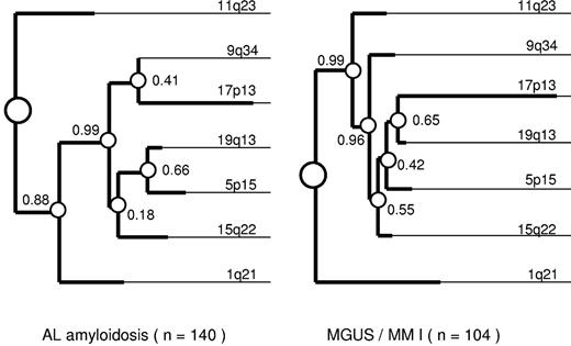 Figure 1. The clustering of chromosomal gains (1q21, 5p15/5q35, 9q34, 11q23, 15q22, 17p13, and 19q13) in an oncogenetic tree model of AL ± MM I and MGUS/MM I. The complete dataset with all 7 branches tested is complete in 243 of 246 AL and in 173 of 180 MGUS/MM I patients. At least one of the 7 investigated aberrations was detected in 58% (n = 140) of the evaluable AL patients and in 60% (n = 104) of the MGUS/MM I patients. The length of each horizontal edge e is proportional to −log(pe). Bootstrap confidence values (in percentage) for the inner nodes are given, based on 500 bootstrap samples. In addition to the clusters shown in the graph for gains in the AL group, gains of 15q22 and 17p13 were identified as a separate cluster in 42% of the bootstrap samples and gains of 9q34 and 17p13 built a cluster in 41% of samples; in another 23%, 15q22 was added to the cluster of 9q34 and 17p13. For MGUS/MM I cases, gains of 19q13 and 17p13 were grouped together in 65% of the 500 bootstrap samples, whereas 5p15 and 17p13 were separately clustered in 21% of samples. In 22% of samples, we observed a terminal cluster of 5p15 together with 15q22.