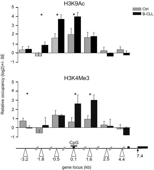 Figure 3. Histone modifications at the MIR155HG promoter in B-CLL. ChIP was performed on crosslinked chromatin from primary B-CLL (N = 9: P250, P254, P255, P143, P130, P161, P162, P164, P179, and P135, black bars) and control B cells (N = 8, gray bars) using the anti-H3K9Ac, H3K4Me3, and control antirabbit IgG antibody, as described in “ChIP.” The levels of H3K9 acetylation and H3K4 trimethylation (y-axis) are expressed relative to control IgG antibody and relative to upstream −4.7 kb locus with consistent low H3K9 acetylation and H3K4 methylation patterns. The x-axes indicate positions of amplicons (in kilobases) relative to TSS (white arrowheads). Gray box represents the position of the CpG; and black box, the exons of human MIR155HG. Error bars represent SEM. *P < .05.