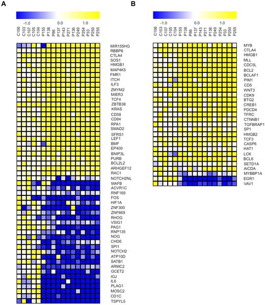 Figure 4. Targets of miR-155 and MYB become dysregulated in B-CLL. (A) Selected miR-155 target genes exhibiting differential expression between B-CLL (N = 12, patient codes are indicated on top of the heat maps) and normal B-cell samples (P < .05, t test). Genes were selected from the union of 6 lists of either predicted or experimentally validated target genes of miR-155 (“GSEA”). (B) Selected MYB target genes exhibiting differential expression between B-CLL (N = 12, patient codes are indicated on top of the heat maps) and normal B-cell samples (P < .05, t test). Genes were selected from 3 independent sources cataloguing the MYB target genes (“GSEA”).