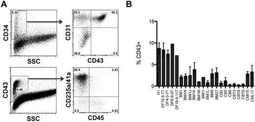 Figure 4. Hematopoietic differentiation potential of BM- and CB-derived iPSCs. (A) In coculture with OP9, blood-derived iPSCs generate a CD34+ population of cells with typical subsets including CD43+ hematopoietic progenitors, CD31+CD43− endothelial cells, and CD31−CD43− mesenchymal cells. The CD43+ population of hematopoietic cells consists of CD235a+CD41a+/− erythro-megakaryocytic progenitors and CD235a/CD41a−CD45+/− multipotent progenitors. The representative experiment shows hematopoietic subsets generated from the BM iPSC1 line. (B) Percentage of CD43+ hematopoietic cells generated from hESC H1, fibroblast (DF), and blood-derived (BM, CB) iPSC lines after 8 days of coculture with OP9.