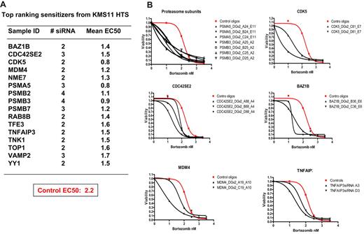 Figure 3. Top ranking bortezomib sensitizers identified from druggable genome screens. (A) A list of the strongest sensitizer hits, which were defined as genes targeted by at least 2 distinct siRNA species that decrease EC50 by 3 SDs from cells treated with control siRNAs. (B) Dose-response curves fitted to the data of 6 top ranking hits in rescreen.