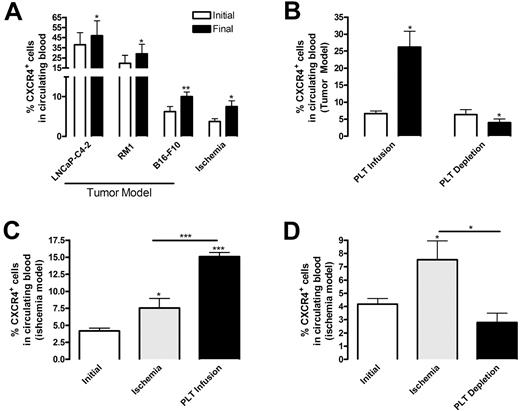 Figure 1. Platelets promote release of BMDCs during angiogenesis. (A) To induce ischemia, ligation of the femoral artery was performed and the experiment was terminated 14 days later (n = 4). In a separate group of mice, tumor cells were implanted subcutaneously: B16-F10 (2 × 106 cells, n = 8), RM1 (4 × 105 cells, n = 5), or LNCaP-C4–2 (4 × 105 cells, n = 4), and excised after 9 days (B16-F10), 12 days (RM1), or 28 days (LNCaP-C4–2). Blood samples were collected from mice before tumor implantation or ischemic surgery (Initial, white columns) and on experimental termination (Final, black columns). (B-D) After tumor implantation or hindlimb ischemia surgery, 3 × 109 platelets were infused into mice every 5 days by tail vein injection. Control mice were injected with phosphate-buffered saline (PBS). Separately, mice were treated intravenously with 2 μg/g body weight rat anti–mouse GPIbα to deplete platelets or rat IgG as a control. Injections were repeated every 3 days. (B) Whole blood was collected before (Initial, white columns) and 9 days after (Final, black columns) B16-F10 tumor implantation (n = 6). (C-D) Whole blood was collected before ischemic surgery (Initial, white columns), from IgG or PBS-treated mice (Ischemia, gray columns), and from mice after platelet (PLT) infusion or depletion (black columns) (n = 6). Red blood cells were lysed, and the sample was labeled with CXCR4 antibody conjugated with phycoerythrin and analyzed by flow cytometry. Values are mean percentage of CXCR4+ cells ± SEM. *P < .05, **P < .01, and ***P < .005 by Student t test (A-B) or 1-way analysis of variance (C-D) versus initial samples.