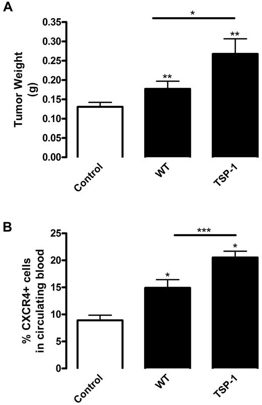 Figure 7. Tumor growth is enhanced in the absence of platelet α-granule–derived TSP-1. Lethally irradiated WT mice were reconstituted with BM from GFP mice. Mice were implanted with B16-F10 tumors and injected with platelets from WT or TSP-1−/− mice (black columns). Control represents mice bearing tumors without platelet infusion (white columns). (A) After 9 days tumors were excised, weighed, and represented as mean weight ± SEM (n = 10). (B) Whole blood samples were collected from mice after tumor implantation. Red blood cells were lysed, and the sample was labeled with CXCR4 antibody conjugated with phycoerythrin and analyzed by flow cytometry. Levels of CXCR4+ cells in the circulation are represented as mean percentage ± SEM (n = 4). *P < .05 vs control or WT (Student t test). **P < .01 vs control or WT (Student t test). ***P < .005 vs control or WT (Student t test).
