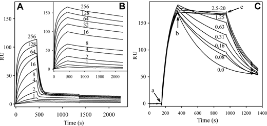 Figure 6. Effect of Zn2+ on binding of FXIIa to HRG monitored by SPR. Biotin-HRG was adsorbed onto a streptavidin-coated sensor chip to 50 RU. Increasing concentrations of FXIIa (0-256nM) were injected at a flow rate of 45 μL/min in the presence of 2mM ethylenediaminetetraacetic acid (A) or 12.5μM ZnCl2 (B). FXIIa concentrations are indicated adjacent to each tracing, with the exception of 0.5 and 0.25nM, which were omitted for clarity. FXIIa association to the chip surface was monitored for 8 minutes followed by injection of HBS to monitor dissociation. RU values were corrected for background and plotted versus time. (C) b-HRG (800 RU) was immobilized on a streptavidin chip, and 10nM FXIIa was injected in the presence of 0 to 20μM ZnCl2 for 200 seconds (a), followed by Zn2+-containing buffer lacking FXIIa for 600 seconds (b). Dissociation was then observed in buffer lacking Zn2+ for 400 seconds (c). The micromolar concentrations of ZnCl2 are noted on each tracing.