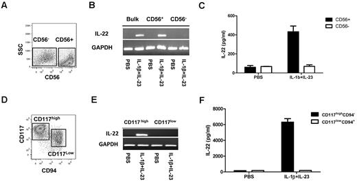 Figure 1. HSC-derived CD56+CD117highCD94− NK cells produce IL-22 on stimulation. (A) HSC-derived NK cultures at day 21, showing heterogeneous CD56 expression. (B-C) Purified CD56+ and CD56− cells were assessed for expression of IL-22 mRNA and protein at rest and after activation with IL-1β (10 ng/mL) and IL-23 (40 ng/mL). (D) FACS at day 28 of culture, showing that the CD56+ cells can be divided into CD117highCD94− and CD117low/−CD94+ fractions. (E-F) CD117highCD94− and CD117low/−CD94+ fractions were FACS-purified and assessed for IL-22 mRNA expression and protein expression at rest and after activation with IL-1β (10 ng/mL) and IL-23 (40 ng/mL). Results are representative of more than 3 donors.