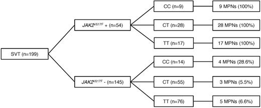 Figure 1. Number (percentage) of splanchnic vein thrombosis patients who were diagnosed with MPNs, according to rs12343867 genotype, after stratification for JAK2V617F status. SVT indicates splanchnic vein thrombosis; MPNs, myeloproliferative neoplasms.