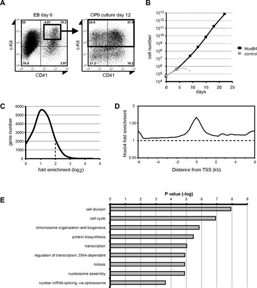 Figure 1. ChIP-chip analysis. (A-B) c-Kit+CD41+ cells in day 6 EBs were purified, seeded on OP9 stromal cells, and transduced with ether control or 3xFLAG-HOXB4 viruses. The cells were further cocultured with OP9 cells, and their growth was monitored. Control cells stopped growing after day 4 of culture (B). At day 12 of the OP9 coculture, c-Kit+ cells were purified by magnetic-activated cell sorting and subjected to a ChIP-chip analysis. (C) Distribution of genes in relation to the fold enrichment values (log2). The dotted line represents the ChIP-chip threshold (> 2). (D) The average distribution of HoxB4-bound probes. The dotted line represents the normalized average signal over the entire chip. (E) GO analysis of the ChIP-chip assay results. The P value of each GO term is indicated.