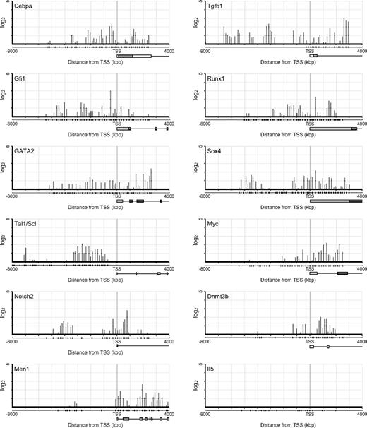 Figure 3. ChIP-chip profile of HoxB4 occupancy at genes related to the HSCs/progenitor cell function. HoxB4 signal maps are shown for representative HSC/progenitor-related factor genes (y-axis in log2 scale). Plot under the x-axis shows the position of probe sets. Schematic gene structures are also shown.