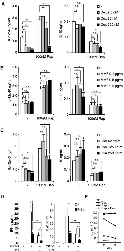 Figure 2. Dexamethasone (Dex), but not MMF or CsA, interferes with mTOR inhibition. PBMCs treated with the indicated concentrations of (A) Dex, (B) MMF, or (C) CsA for 30 minutes were incubated with 100nM rapamycin (Rap) or medium and then stimulated with 100 ng/mL LPS. IL-12p40 and IL-10 in cell-free supernatants were assessed after 20 hours. Data are mean ± SEM of 5 independent experiments. *P < .05. **P < .01. n.s. indicates not significant. (D) PBMCs were treated with 25nM Dex and/or 100nM Rap and then stimulated with 10 μg/mL OKT-3 as indicated. IFN-γ and IL-2 were determined in the supernatant after 24 hours. Data are mean ± SEM of 3 independent experiments. *P < .05. (E) T cells were stimulated with 10 μg/mL OKT-3 and 100nM Rap and/or 25nM Dex as indicated. Proliferation was measured on days 2 and 3 and is expressed as the means of triplicates of 2 independent donors.