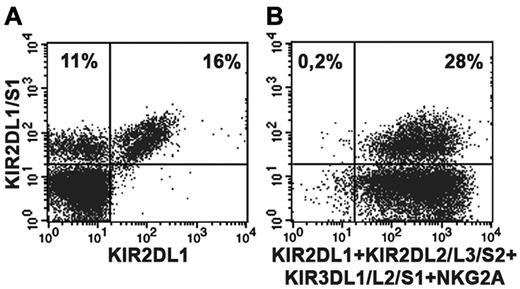 Figure 1. Detection of the KIR2DS1+ NK-cell subset in a C1/C1 donor. Double fluorescence analysis was performed using purified peripheral blood NK cells derived from the C1/C1 Bw4/Bw4 donor P61. For staining, the following mAbs were used in combination: anti-KIR2DL1/S1-FITC (clone 11PB6) and anti-KIR2DL1-PE (clone143211). (A); anti-KIR2DL1/S1-FITC (clone 11PB6) and a mixture of anti-KIR2DL2/L3/S2 (Y249), anti-KIR3DL1/L2/S1 (AZ158), anti-NKG2A (Z199) followed by PE isotype-specific secondary reagents and anti-KIR2DL1-PE (clone 143211). (B). Numbers in upper quadrants indicate the percent of positive cells.