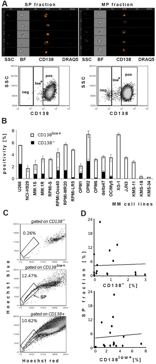Figure 2. Lack of correlation of SP and CD138− or CD138low+ subpopulations in MM cell lines. (A) ImageStream analysis of sorted viable DRAQ5− SP and MP cell fractions from OPM1 cell line shows expression of the CD138 antigen. Imaging analysis results are depicted in the following channels: side scatter (SSC), bright-field image (BF), channel 3 empty, CD138-PE, channel 5 empty, DRAQ5. OPM1 cells were imaged at 40×/0.75 magnification and analyzed by IDEAS analytical software. Representative flow cytometric evaluation of CD138 expression in sorted viable 7-AAD− SP and MP cells: abscissa is fluorescence intensity of CD138, and ordinate is SSC. Dot plots show quantification of CD138 expression gated on SP fraction (left) and quantification of CD138 expression gated on MP cells (right): CD138− population, CD138low+ population, and CD138+ population. (B) Quantification of CD138− and CD138low+ cell fractions in MM cell lines (U266, NCI-H929, MM.1S, MM.1R, RPMI 8226-S, RPMI-Dox40, RPMI-MR20, RPMI-LR5, OPM1, OPM2, OPM6, delta47, OCIMy5, XG-1, JJN3, KMS-11, KMS-18, and KMS-34. (C) Representative dot plots of SP analysis of OPM1 cells, costained with Hoechst 33342 and CD138-PE mAb. Dot plot depicts Hoechst 33342–stained viable cells gated on CD138−, CD138low+, and CD138+ populations; gates represent the population of SP cells. (D) Correlation between SP fraction and CD138− or CD138low+ phenotype in 17 MM cell lines tested (U266, NCI-H929, MM.1S, MM.1R, RPMI 8226-S, RPMI-Dox40, RPMI-LR5, OPM1, OPM2, OPM6, delta47, OCIMy5, XG-1, JJN3, KMS-11, KMS-18, and KMS-34).