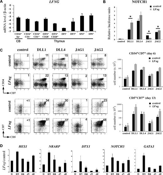 Figure 7. Fringe-mediated glycosylation increases Jagged2-induced Notch1 signaling. (A) Quantitative RT-PCR of LFNG expression during human T-cell development.15,26 Data show the average of 3 independent sets of samples. Errors bars represent SEM. (B) Reporter assay of control and LFng-transduced U2OS Tet-on flp-in-Notch1 cells cotransfected with CBF-luciferase reporter plasmid pGL2-Gal4-luciferase and the normalizing plasmid pRL-TK expressing Renilla luciferase. After transfection, cells were cocultured with K562 expressing DLL1, DLL4, JAG1, JAG2, or control for 24 hours, and thereafter luciferase activity was measured. Bar graphs represent the average of 8 independent experiments. Errors bars represent SEM. (C) Left panels: Flow cytometric analysis of CD34+ Lin− CB cells transduced with either control or LFng after coculture on OP9 cells expressing different Notch ligands (indicated above dot plot). Numbers in the dot plots indicate the frequency of CD34+CD7+ and CD7+CD5+ T-cell precursors. Right bar graphs: Average of the corresponding absolute cell numbers. Errors bars represent SEM. (D) Quantitative RT-PCR analysis of gene expression in human CD34+lin− CB cells transduced with control or LFng, after 5 days of coculture on OP9-control (C), OP9-DLL1 (D1), OP9-DLL4 (D4), OP9-JAG1 (J1), or OP9-JAG2 (J2) stromal cells. Data show the ratio of expression in LFng versus control-transduced HPCs, and expression levels are normalized to β-actin. Data are the average from 2 sets of independent samples. Errors bars represent SEM.