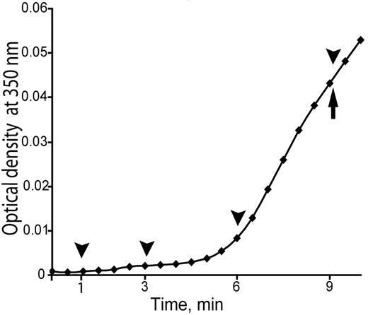 Figure 1. Initial part of the turbidity curve from the beginning of polymerization to the gel point. Turbidity curves were averaged from 3 identical experiments. The lag phase was 0-345 ± 10 seconds, and the gel point at 540 ± 11 seconds. Arrowheads show the time when the polymerization reaction was stopped and samples were taken for transmission electron microscopy studies. The arrow shows the gel point.