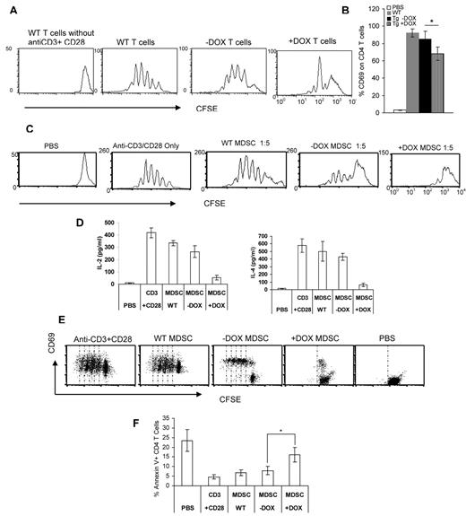 Figure 3. MDSC suppression on CD4+ T cells in c-fms-rtTA/(TetO)7-CMV-MMP12 bitransgenic mice. (A) CFSE-labeled CD4+ T cells from the spleen of wild-type (WT), doxycycline-treated (+DOX), and untreated (−DOX) mice were stimulated with anti-CD3 mAb plus anti-CD28 mAb for 3 days. Proliferation of labeled CD4+ T cells was analyzed by flow cytometry. Peaks represent cell division cycles. (B) Above cultured T cells were stained with anti-CD69 and CD4 Abs and analyzed by flow cytometry. Results are the mean ± SD, n = 5; *P < .05. (C) CFSE-labeled wild-type splenic CD4+ T cells were stimulated with anti-CD3 mAb plus anti-CD28 mAb for 4 days in the presence or absence of CD11b+/Gr-1+ cells from the spleen of wild-type (WT), doxycycline-treated (+DOX), or untreated (−DOX) bitransgenic mice. The ratio between CD11b+/Gr-1+ cells:CD4+ T cells was 1:5. Proliferation of labeled CD4+ T cells was analyzed by flow cytometry. Peaks represent cell division cycles. PBS was negative stimulation control. (D) The concentrations of secreted IL-2 and IL-4 in the above cultured medium were measured by ELISA. Results are the mean ± SD, n = 5. (E) CFSE-labeled CD4+ T cells were cocultured with CD11b+/Gr-1+ cells as described in panel C. After 72 hours, cocultured cells were stained with anti-CD69 and CD4 Abs for flow cytometric analysis. PBS was negative stimulation control. (F) Wild-type CD4+ T cells were cocultured with CD11b+/Gr-1+ cells as described in panel C and labeled with annexin V and CD4 Abs for the analysis by flow cytometry. Results are the mean ± SD, n = 5.