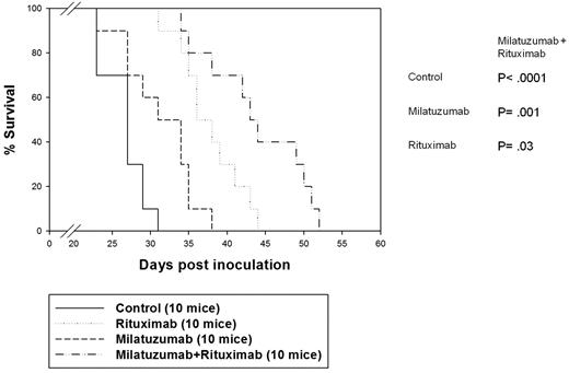 Figure 7. Evaluation of in vivo therapeutic activity of rituximab and milatuzumab in the preclinical MCL model. SCID mice (in groups of 10) were injected intravenously with 40 × 106 Jeko cells and observed daily for signs of tumor burden. The mAbs (trastuzumab 15 mg/kg, rituximab 15 mg/kg, milatuzumab 15 mg/kg, or the combination of rituximab and milatuzumab) were given every 3 days via intraperitoneal.injection, starting at day 15 after engraftment. The mean survival for rituximab- and milatuzumab-treated mice was 44.5 days (95% CI, 39%-51%), compared with 33.5 days for the milatuzumab-treated mice (95% CI, 28%-36%), and 38 days for the rituximab-treated mice (95% CI, 36%-42%).