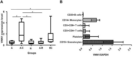 Figure 3. VNN1 expression. (A) Real-time PCR validation of VNN1 expression in different ITP groups and healthy controls. Five groups of samples were included in the validation: self-limited acute ITP (A, n = 8), chronic ITP during the acute phase (A-C, n = 7), healthy control (N, n = 5), resolved acute ITP (A-R, n = 6), and chronic ITP resistant to multiple treatments (RC, n = 6). The nonparametric Mann-Whitney 2-tailed test was performed in the statistical analysis. At the transcriptional level, VNN1 expression in the A-C group is significantly higher compared with the A (P = .0093), N (P = .0177), and A-R (P = .0221) groups; VNN1 expression in the RC group is significantly higher than the A group (P = .0127). The upper and lower limits of each box represent the 75th and 25th percentiles, respectively; the horizontal lines inside the box represent medians; the whiskers represent extreme measurements. (B) Expression distribution of VNN1 in subsets of human blood cells. Purified CD15+ granulocytes, CD20+ B cells, CD14+ monocytes, CD3+CD4+ T cells, CD3+CD8+ T cells, and platelets were obtained from blood donors as described in “Expression distribution of VNN1 in subsets of human blood cells.” The relative expression level of VNN1 determined by real-time PCR in normal human adults is high in granulocytes and monocytes and moderate in platelets. VNN1 expression is low in CD4+ T cells, CD8+ T cells, and B cells. The range and mean of normalized VNN1 expression value in each cell subset are shown.