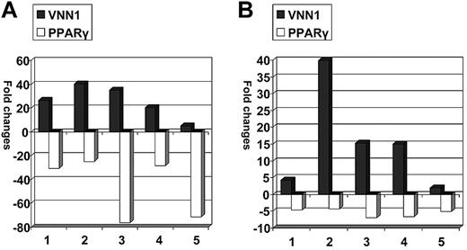 Figure 4. Expression changes of VNN1 and PPARγ in response to oxidative stress inducers. PBMC samples were treated with LPS or sodium arsenite and cultured for 12 hours, after which the cells were harvested and VNN1 and PPARγ expression was measured by real-time PCR. The expression fold changes were calculated by dividing the normalized VNN1 and PPARγ expression values in treated cells by values in nontreated cells. (A) After LPS treatment, VNN1 increased 5- to 40-fold, whereas PPARγ decreased 25- to 76-fold. (B) After sodium arsenite treatment, VNN1 increased 2- to 40-fold, whereas PPARγ decreased 4- to 7-fold.