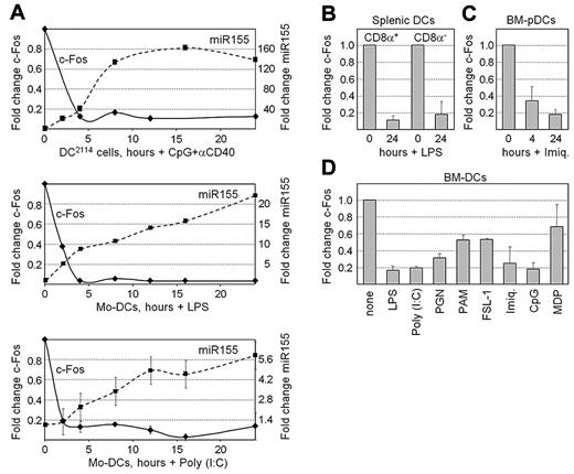 Figure 4. c-Fos expression is silenced during DC maturation. (A) Time-course RT-PCR experiments were performed to quantify the expression of c-Fos mRNA and miR155 in mouse DC2114 cells stimulated with CpG + αCD40 and human Mo-DCs stimulated with LPS or poly (I:C). Results are represented as the fold change in the expression of c-Fos mRNA (left axes) and miR155 (right axes). Representative experiments are shown for the top 2 panels. The means and SDs derived from 2 experiments are shown for the bottom panel. (B) c-Fos mRNA was quantified by real-time RT-PCR in unstimulated and LPS-treated CD8α+ and CD8α− splenic DCs. Results are represented as the fold change in c-Fos mRNA expression. The means and SDs derived from 2 independent experiments are shown. (C) c-Fos expression was analyzed in microarray data derived from BM-pDCs stimulated for 0, 4, and 24 hours with imiquimod. Results are represented as the fold change in signal intensities for c-Fos mRNA. The means and SDs derived from 3 experiments are shown. (D) c-Fos mRNA was quantified by real-time RT-PCR in unstimulated mouse BM-DCs and BM-DCs stimulated with LPS, poly (I:C), PGN, PAM3CSK4, FSL-1, imiquimod, CpG, or MDP. Results are represented as the fold change in c-Fos mRNA expression. The means and SDs derived from 2 independent experiments are shown.