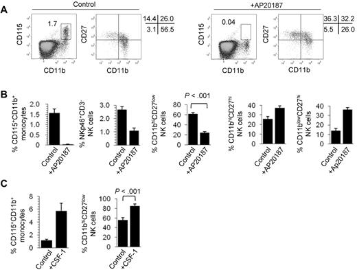 Figure 2. Monocytes control CD11bhiCD27low NK-cell numbers. (A) Frequency of CD115+CD11b+ monocyte and expression of CD11b and CD27 in NKp46+CD3− NK cells in the spleen of control (left panels) and AP20187-treated (right panels) MaFIA mice. (B) Mean frequency ± SD of spleen CD115+CD11b+ monocytes, NKp46+CD3− NK cells, CD11bhiCD27low NK cells, CD11bhiCD27hi NK cells, and CD11blowCD27hi NK cells, of 3 experiments with 4 mice per experiment. (C) CD115+CD11b+ monocyte and of CD11b+CD27low NK-cell frequency in the spleen of control C57BL/6 mice or mice injected with CSF-1. Data are mean ± SD of 2 independent experiments with 3 mice per group.