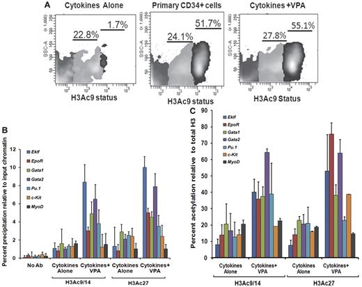 Figure 3. Histone acetylation status of ex vivo–generated CD34+ cells and promoters of erythroid-specific genes. (A) Analyses of histone acetylation. Representative flow cytometric analysis of the histone H3K9 acetylation status of primary CD34+cells, VPA-treated CD34+ cells, and CD34+ cells cultured in the presence of cytokines alone after 7 days of culture. Cells were stained with H3K9 antibody to assess the acetylation level of lysine 9 residue of histone H3 (n = 3). One of 3 representative experiments is shown. (B) Analyses of acetylated histone H3K9/14 and H3K27 on the promoters of erythroid lineage-specific genes, a stem cell gene (c-Kit), and a nonhematopoietic gene (MyoD) of cytokines alone and VPA-treated CD34+ cells as determined by ChIP assay. A reduction of H3K9/14 and H3K27 acetylation was observed with all of the promoters on the CD34+ cells isolated from cell culture with cytokines alone compared with cells cultured cytokines + VPA. ChIP efficiency, in terms of the percentage of input DNA recovered by immunoprecipitation, was determined by Q-PCR (primers were designed within −1-kb promoters of the erythroid lineage-related genes). A sample with no antibody (No Ab) was used as a background control. The histogram represents mean percentage of fold change relative to input chromatin and SE (n = 3). (C) Percent acetylation of H3K9/14 and H3K27 relative to histone H3 in CD34+ cells from cultures containing cytokines alone and cytokines + VPA. The percentage of acetylation of H3K9/14 and H3K27 relative to total histone H3 was determined on the erythroid lineage-specific promoters, a stem cell gene (c-Kit), and a non hematopoietic gene (MyoD) of CD34+ cells isolated from cultures performed in the presence of cytokines alone and cytokines + VPA cultures after 7 days of incubation. Histogram represents mean ± SE of ChIP Q- PCR (n = 3).