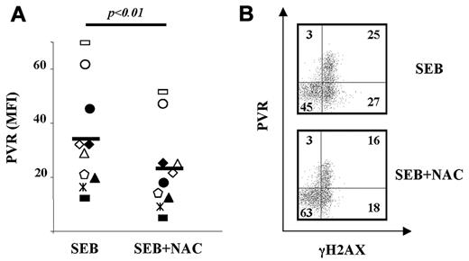Figure 4. Oxidative stress is involved in PVR up-regulation on Ag-activated T cells. (A) CFSE-labeled PBMCs were activated with SEB. NAC (5mM) was added after 48 hours and left for an additional 18 hours. Cells were then stained as described in the legend to Figure 3A. The MFI of isotypic control mAb was subtracted from PVR MFI. Each of the 10 donors tested is represented by a different symbol. Statistical analysis was with the Student paired t test. (B) PBMCs were activated and treated as described in panel A and then stained as described in the legend to Figure 3B. The percentage of cells in each quadrant is displayed. The experiment shown is representative of the 6 performed.
