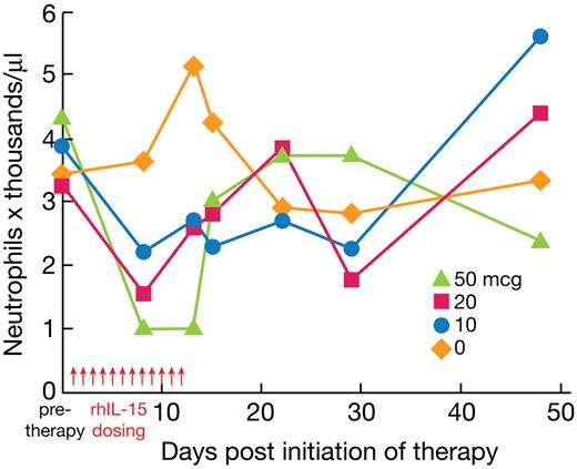 Figure 2. rhIL-15 administration reduces the circulating absolute neutrophil numbers in rhesus macaques. Vehicle diluent or rhIL-15 at 10, 20, and 50 μg/kg/d was administered daily for 12 days to rhesus macaques. The circulating neutrophil numbers were determined before therapy and on days 8 and 13 for animals killed on day 13, and before therapy and on days 8, 13, 15, 22, 29, and 48 for those killed on day 48. Three of 6 animals receiving 20 μg/kg/d and 3 of 6 animals receiving 50 μg/kg/d of rhIL-15 had a grade 3/4 reduction in circulating neutrophil numbers. These reductions were transient, with a return toward normal levels by 72 hours after cessation of rhIL-15 administration.