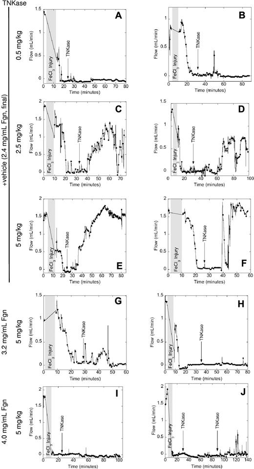 Figure 6. Hyperfibrinogenemia increases resistance to thrombolysis in vivo. Thrombosis was triggered in the carotid artery of wild-type mice infused with fibrinogen (plasminogen-, fibronectin-, VWF-, and factor XIII-depleted, concentrations indicated in the figure) or vehicle control. After stable occlusion for 5 minutes, mice were infused with TNKase (concentrations indicated in the figure). Blood flow was monitored by flow probe throughout the experiment. Each panel shows data from an individual mouse, representative of at least 2 mice for each condition. Shaded grey area represents the time of FeCl3 treatment plus time to reacquire flow.
