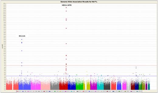 Figure 1. Manhattan plot showing the GWAS results of 619 unrelated adult β-thalassemia heterozygotes in Hong Kong, using the additive model. The association was with normalized HbF expressed as percentage determined by HPLC.