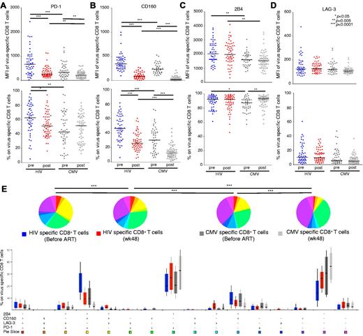 Figure 2. HIV-specific CD8+ T cells express high levels of inhibitory molecules before ART. (A-D) Comparisons of MFI and percentage of PD-1, CD160, 2B4, and LAG-3 expression on HIV-specific and CMV-specific CD8+ T cells in matched samples from 85 HIV+ persons. HIV-specific (n = 52, blue circles) and CMV-specific (n = 60, dark gray circles) CD8+ T cells before ART; HIV-specific (n = 59, red circles) and CMV-specific (n = 62, light gray circles) CD8+ T cells after ART. Each dot represents one person at one time point. (E) Percentage expression of inhibitory molecules on HIV-specific CD8+ T cells before ART (n = 52, blue bars) and after ART (n = 59, red bars), and on CMV-specific CD8+ T cells before ART (n = 60, dark gray bars) and after ART (n = 62, light gray bars) are shown for each of the 16 phenotypic subsets based on the expression profiles of PD-1, CD160, 2B4, and LAG-3. *P < .01, **P < .001, ***P < .0001.