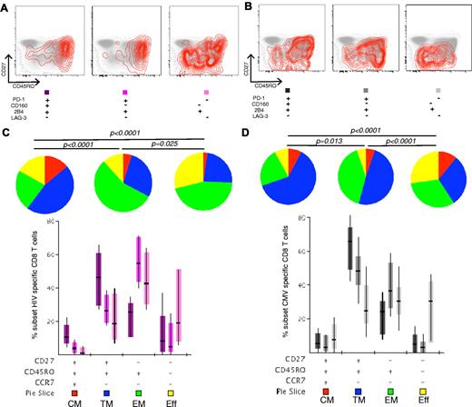 Figure 3. Virus-specific CD8+ T cells become less exhausted with increasing maturity. (A-B) The surface phenotype of HIV-specific and CMV-specific CD8+ T cells is shown for representative exhausted populations (PD-1+CD160+2B4+LAG-3−, PD-1+CD160−2B4+LAG-3−, and PD-1−CD160−2B4+LAG-3−) from a single HIV+ person by overlaying responding cells (red contour plots) on density plots of the corresponding total CD8+ T-cell populations for CD27 and CD45RO expression. (C-D) Maturation decreases inhibitory molecule expression on PD-1+CD160+2B4+LAG-3− (dark purple), PD-1+CD160−2B4+LAG-3− (purple), and PD-1−CD160−2B4+LAG-3− (light purple) HIV-specific CD8+ T cells, and PD-1+CD160+2B4+LAG-3− (dark gray), PD-1+CD160−2B4+LAG-3− (gray), and PD-1−CD160−2B4+LAG-3− (light gray) CMV-specific CD8+ T cells, in HIV+ persons before ART (n = 47 for HIV-specific CD8+ T cells; n = 60 for CMV-specific CD8+ T cells). The phenotypic complexity of virus-specific CD8+ T cells was assessed by analyzing the individual phenotypic patterns. The y-axis displays the percentage of each phenotypic pattern, the composition of which is denoted on the x-axis with + for the presence of CD27, CD45RO, and CCR7 on PD-1+CD160+2B4+LAG-3−, PD-1+CD160−2B4+LAG-3−, and PD-1−CD160−2B4+LAG-3− virus-specific CD8+ T cells. The proportion of total memory CD8+ T cells accounted for by each phenotypic pattern, together with the median and interquartile ranges, are shown. The phenotypic patterns are grouped and color-coded according to phenotype and summarized in pie chart form; each pie slice represents the mean proportion of total memory CD8+ T cells for each inhibitory receptor expression pattern. Red represents CM; blue, TM; green, EM; and yellow, Eff.