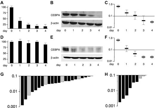 Figure 1. CEBPA is suppressed in good-risk AML by the leukemic fusion proteins AML1-ETO and CBFβ-SMMHC. Conditional expression of AML1-ETO in U937-tet off-AML1-ETO cells blocks (A) CEBPA mRNA expression assessed by reverse-transcribed polymerase chain reaction, (B) CEBPA protein in Western blot analysis, and (C) CEBPA DNA binding function determined by an ELISA-based assay indicating the spectrophotometric result at 450-nm wavelength,30 whereas expression of CBFβ-SMMHC in U937-tet off-CBFβ-SMMHC (D) does not affect CEBPA mRNA but (E) blocks CEBPA translation by specific induction of the CEBPA mRNA binding protein calreticulin, (F) ultimately leading to blocked CEBPA DNA binding function.33 Results represent 3 independent experiments. Error bars represent SD. (G) Waterfall diagram presentations of CEBPA DNA binding function assessed by ELISA in 17 AML-M4eo patients with inv(16) (black bars) and in 4 AML-M2 patients with t(8;21) (gray bars) (H) as well as in NK-AML patients with double CEBPA mutations (n = 6) (black bars) and with single CEBPA mutations (n = 2) (gray bars).