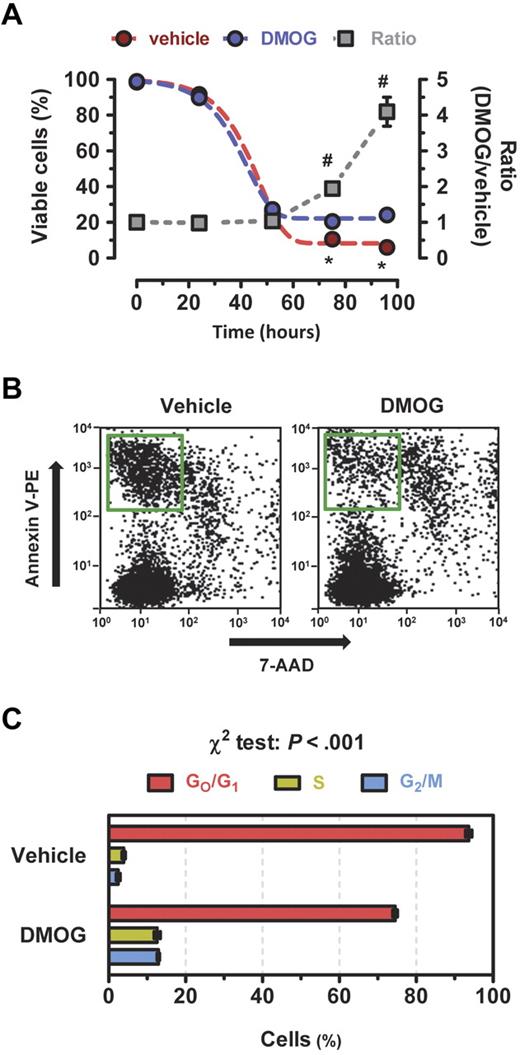 Figure 1. DMOG increases BMDAC viability by decreasing apoptosis and increasing proliferation. (A) Equal numbers of BMDACs were cultured in endothelial growth media in the presence of vehicle or DMOG for 4 days, and viable cells were counted using the Trypan blue exclusion method. *P < .001, DMOG vs vehicle. #P < .001 vs time 0; Bonferroni post hoc test after 2-way ANOVA. The overall effects of time and DMOG treatment on BMDAC survival were significant (P < .001). (B) Apoptosis was detected at day 4 as phycoerythrin-conjugated annexin V (annexin V-PE) positive/7-amino-actinomycin D (7-AAD) negative cells (green rectangle) using flow cytometry. (C) Cell cycle distribution of BMDACs stained with propidium iodide and analyzed by flow cytometry. Data are mean ± SEM (n = 3 or 4).