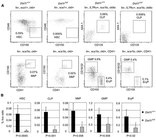Figure 2. Deletion of Dot1l leads to the loss of HSCs and progenitors. (A) Staining profile of HSCs and progenitors 3 weeks after tamoxifen injection in Dot1lF/F;CreER− or Dot1lwt/wt;CreER+ (Dot1l+/+) and Dot1lF/F;CreER+ (Dot1lF/F) mice. HSC: lineage−, sca1+, ckit+, CD48−, CD150+. Common lymphoid progenitors: lineage−, IL-7Rα+, sca1lo, ckitlo, AA4.1+, CD135+. Megakaryocyte progenitors: lineage−, sca1lo, ckit+, CD150+, CD41+. Granulocyte macrophage progenitors: lineage−, sca1lo, ckit+, CD41−, CD16/32+, CD105−. Erythroid progenitors: lineage−, sca1lo, ckit+, CD41−, CD16/32−, CD105+. Percentages are based on total live cell count. (B) Bar graph of population frequencies as defined in panel A. Dot1l deletion led to a statistically significant decrease in HSCs and progenitors in all lineages. Percentages are based on total live cell count. Data are mean ± SD.
