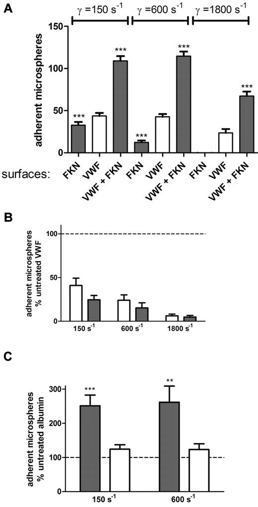 Figure 5. Interaction of GPIbα-coupled microspheres with FKN, VWF, and the combination under flow conditions. (A) Glycocalicin, the extracellular domain of GPIbα, was covalently coupled to fluorescent microspheres and combined with RBCs to obtain reconstituted blood and perfused through μ-slides coated with FKN, VWF, or FKN coimmobilized with VWF at a wall shear rate of 150, 600, or 1800 s−1. The rate of nonspecific background adhesion to the control surface was subtracted from the presented adhesion rates. Results are the mean ± SEM of 3 independent experiments with blood from different donors. ***P < .001 by 1-way analysis of variance with Bonferroni Multiple Comparison Test versus control or VWF adhesion rates. (B) GPIbα-coupled microspheres were preincubated with the neutralizing anti-GPIbα antibody HIP-1 before perfusion over VWF (open bars) and FKN coimmobilized with VWF (closed bars). The adhesion of untreated microspheres to VWF surfaces was set to 100% (dotted line). Results are the mean ± SEM of 3 independent experiments with blood from different donors. (C) GPIbα-coupled microspheres were preincubated with the neutralizing anti-GPIbα antibody HIP-1 before perfusion over FKN and control surfaces. The adhesion of untreated microspheres to control albumin surfaces for each treatment was set to 100%, and the number of microspheres adhering to FKN for untreated (closed bars) and anti-GPIbα-treated microspheres (open bars) was evaluated. Results are the mean ± SEM of 3 independent experiments with blood from different donors. **P < .01, ***P < .001 in one sample t test versus adhesion to control surface with identical treatment.