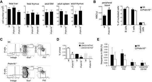 Figure 2. Hematologic profile of Prdm16-deficient mice. (A) Cellularity of FL and thymus, and of adult BM, thymus, and spleen in Prdm16-deficient mice (n = 3–5). (B) WBC count (left panel) and lineage distribution (measured by flow cytometric analysis of CD19, Thy1, and Mac1/Gr1) in the PB of adult Prdm16+/− and wt mice (n = 5). *P = .0006. (C) Representative example of flow cytometric analysis of the fraction of LSK HSPCs, LSK CD150−Flt3+ MPPs, and LSK CD150+Flt3− HSCs in E15 Prdm16−/− and wt FL cells. (D) Frequency of the populations in panel C in E13.5 to E15.5 FL from Prdm16−/− and wt embryos. Frequencies obtained as the percentage of cells in doublet discriminated scatter (n = 4-6). *P < .05, one-way analysis of variance. (E) Frequencies of subpopulations of LSK cells in the BM of Prdm16+/− mice or wt littermates. Lineage cocktail included anti–CD41 and CD48 (n = 8). *P < .03.