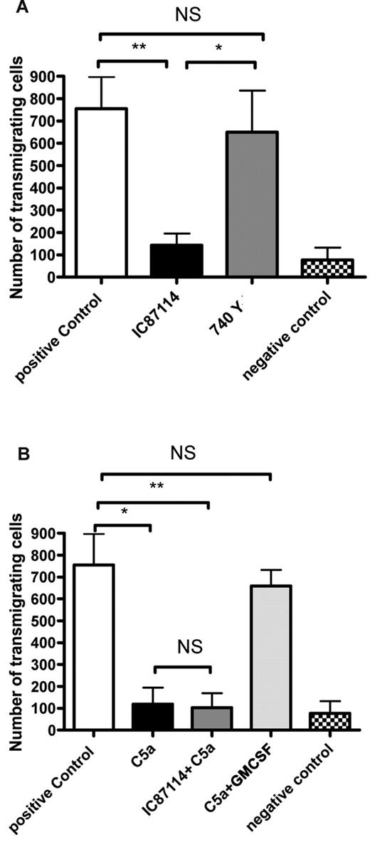 Figure 4. The effects of C5a and PI3Kdelta modulation on neutrophil transmigration. (A) Transmigration by neutrophils across a 3-μg transwell membrane toward an fMLF target following pretreatment with vehicle control, 180nM IC87114 or 30μM 740 Y-P. Negative control is without fMLF. P = .0029 by Kruskal-Wallis; *P < .05, **P < .01, NS P > .05 by Dunn posthoc test. (B) Transmigration by neutrophils across a 3-μg transwell membrane toward an fMLF target following pretreatment with vehicle control, 100nM C5a, 180nM IC87114 followed by 100nM C5a, or 100nM C5a followed by 0.3nM GM-CSF. Negative control is without fMLF. P = .0005 by Kruskal-Wallis; *P < .05, **P < .01, NS P > .05 by Dunn posthoc test.